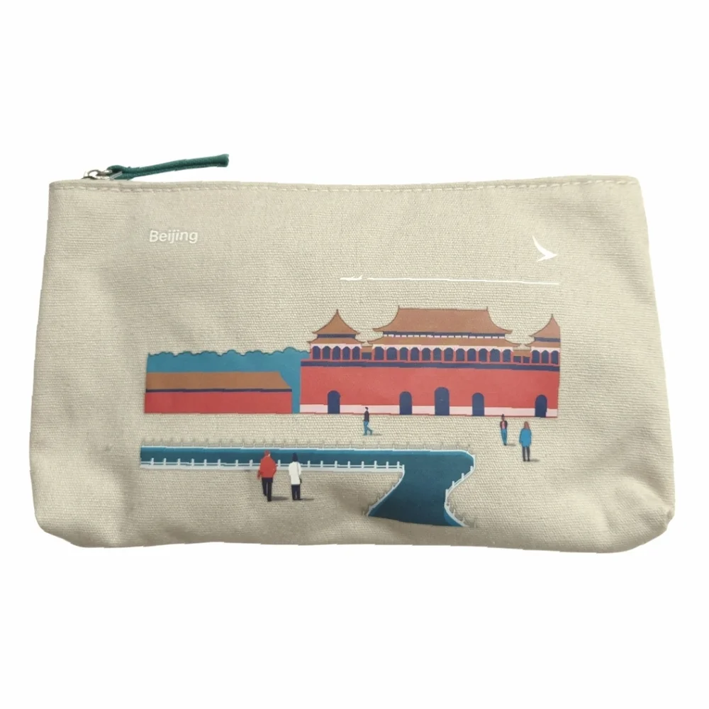 Cosmetic Bag Zipper Pouch Canvas Lightweight Travel Amenity Kit Beige New